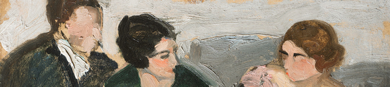 Peinture représentant trois personnes personnes discutant